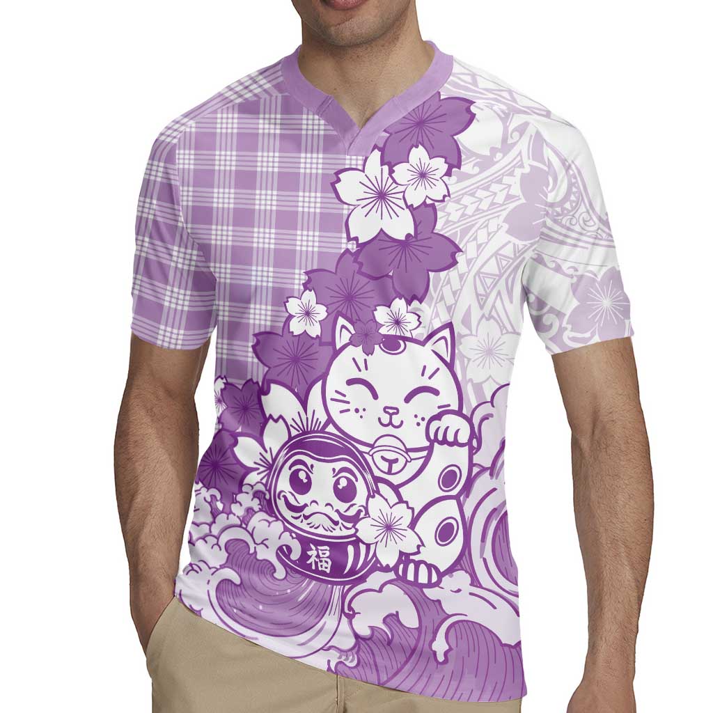 Purple Palaka Hawaiian And Japanese Rugby Jersey Maneki Neko And Sakura Bloom
