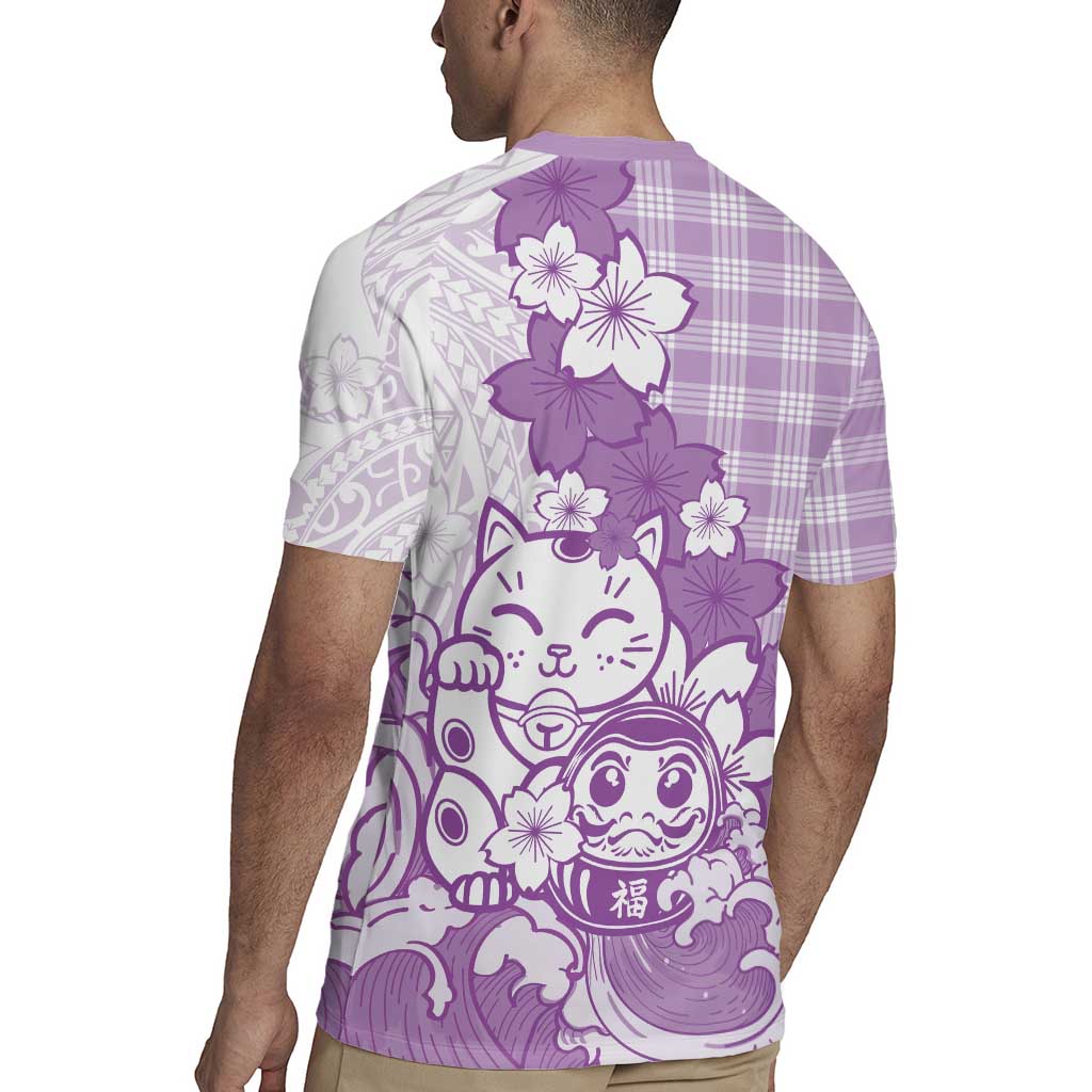 Purple Palaka Hawaiian And Japanese Rugby Jersey Maneki Neko And Sakura Bloom