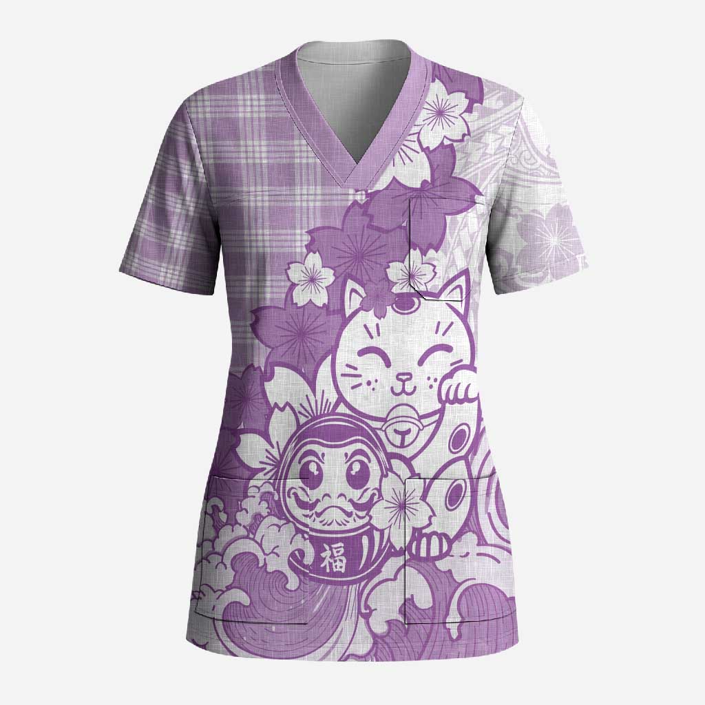 Purple Palaka Hawaiian And Japanese Scrub Top Maneki Neko And Sakura Bloom