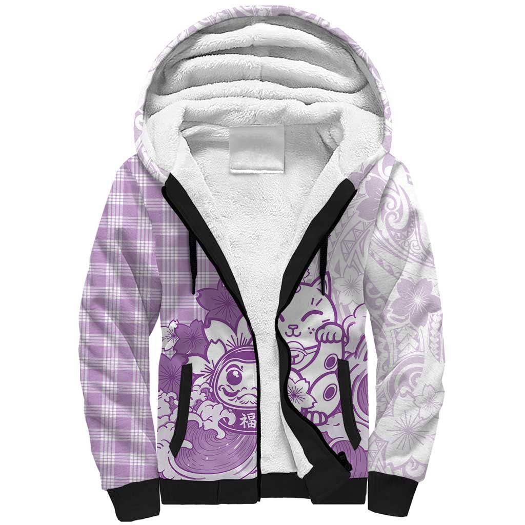 Purple Palaka Hawaiian And Japanese Sherpa Hoodie Maneki Neko And Sakura Bloom