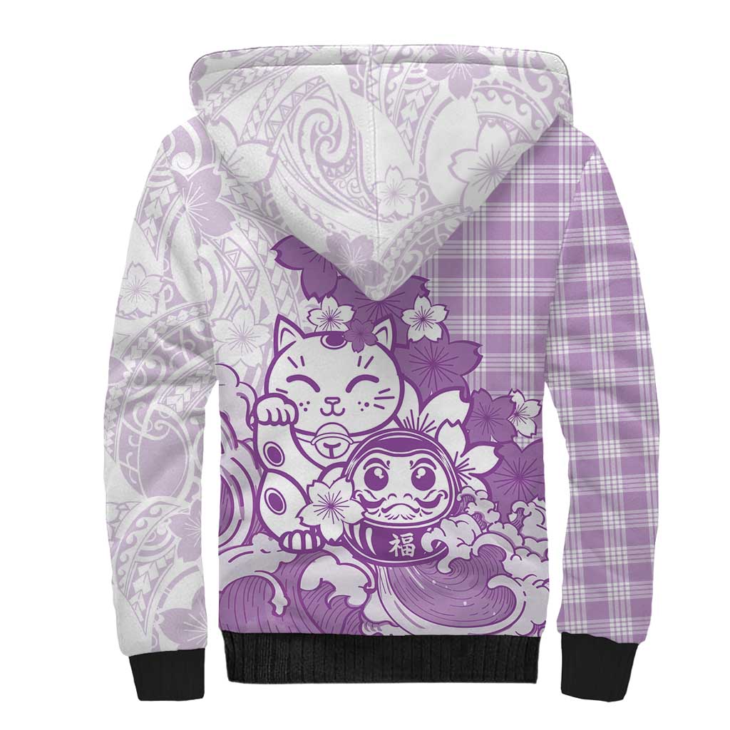 Purple Palaka Hawaiian And Japanese Sherpa Hoodie Maneki Neko And Sakura Bloom DT05 - Polynesian Pride