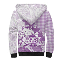 Purple Palaka Hawaiian And Japanese Sherpa Hoodie Maneki Neko And Sakura Bloom DT05 - Polynesian Pride