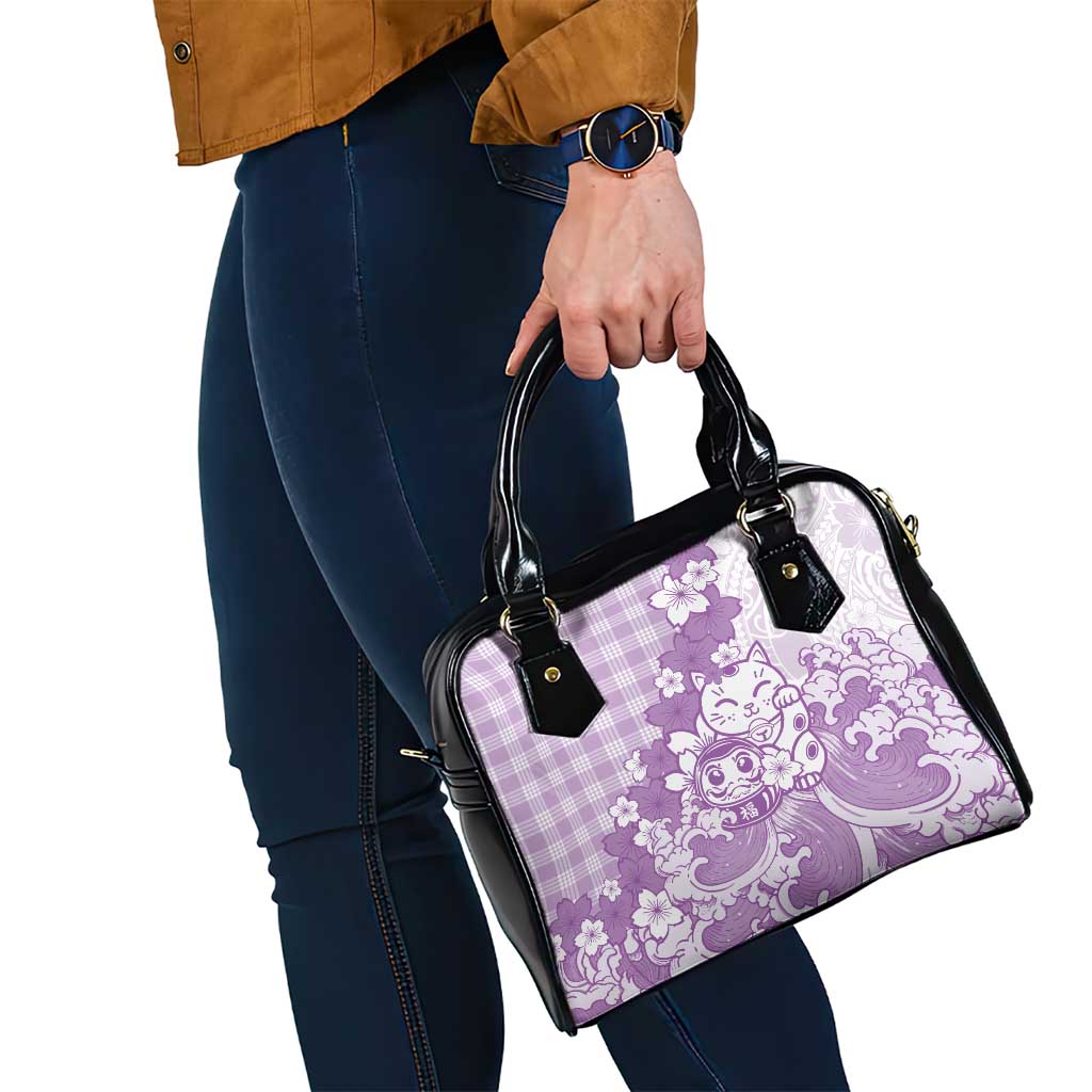 Purple Palaka Hawaiian And Japanese Shoulder Handbag Maneki Neko And Sakura Bloom DT05 - Polynesian Pride