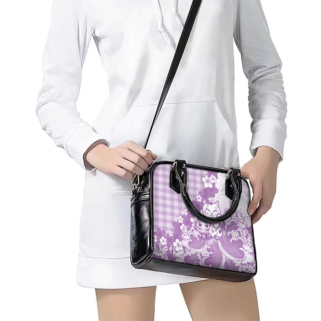Purple Palaka Hawaiian And Japanese Shoulder Handbag Maneki Neko And Sakura Bloom DT05 - Polynesian Pride
