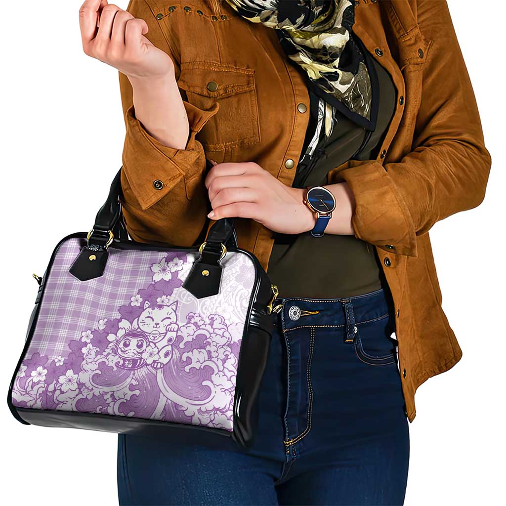 Purple Palaka Hawaiian And Japanese Shoulder Handbag Maneki Neko And Sakura Bloom DT05 - Polynesian Pride