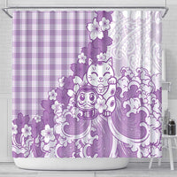 Purple Palaka Hawaiian And Japanese Shower Curtain Maneki Neko And Sakura Bloom