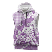 Purple Palaka Hawaiian And Japanese Sleeveless Hoodie Maneki Neko And Sakura Bloom DT05 Purple - Polynesian Pride