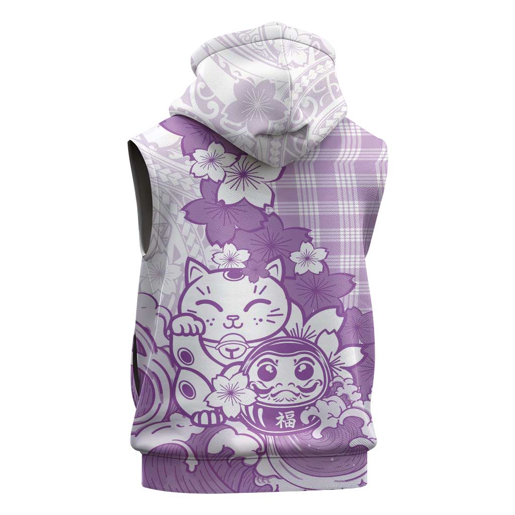 Purple Palaka Hawaiian And Japanese Sleeveless Hoodie Maneki Neko And Sakura Bloom DT05 - Polynesian Pride