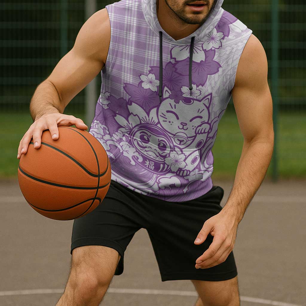 Purple Palaka Hawaiian And Japanese Sleeveless Hoodie Maneki Neko And Sakura Bloom DT05 - Polynesian Pride