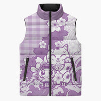 Purple Palaka Hawaiian And Japanese Sleeveless Puffer Jacket Maneki Neko And Sakura Bloom DT05 Unisex Purple - Polynesian Pride