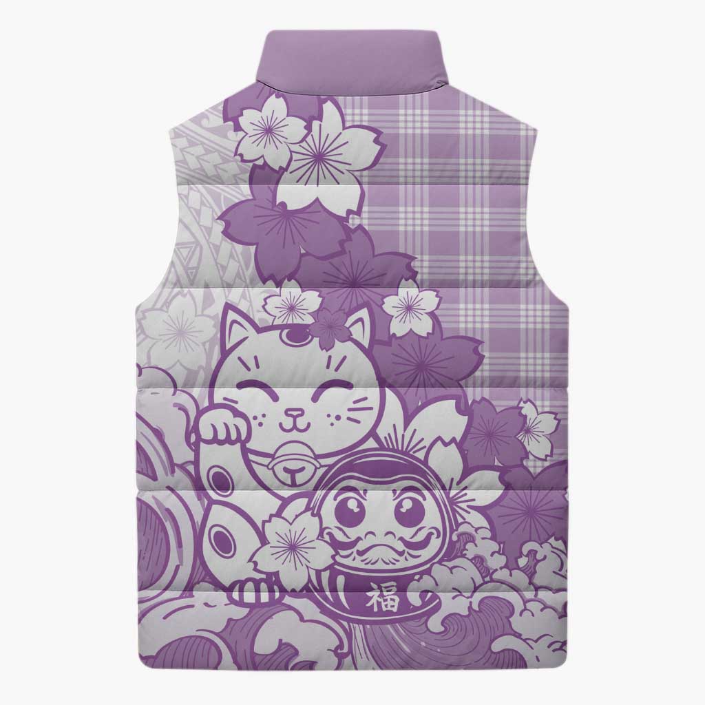 Purple Palaka Hawaiian And Japanese Sleeveless Puffer Jacket Maneki Neko And Sakura Bloom DT05 - Polynesian Pride