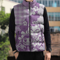 Purple Palaka Hawaiian And Japanese Sleeveless Puffer Jacket Maneki Neko And Sakura Bloom DT05 - Polynesian Pride