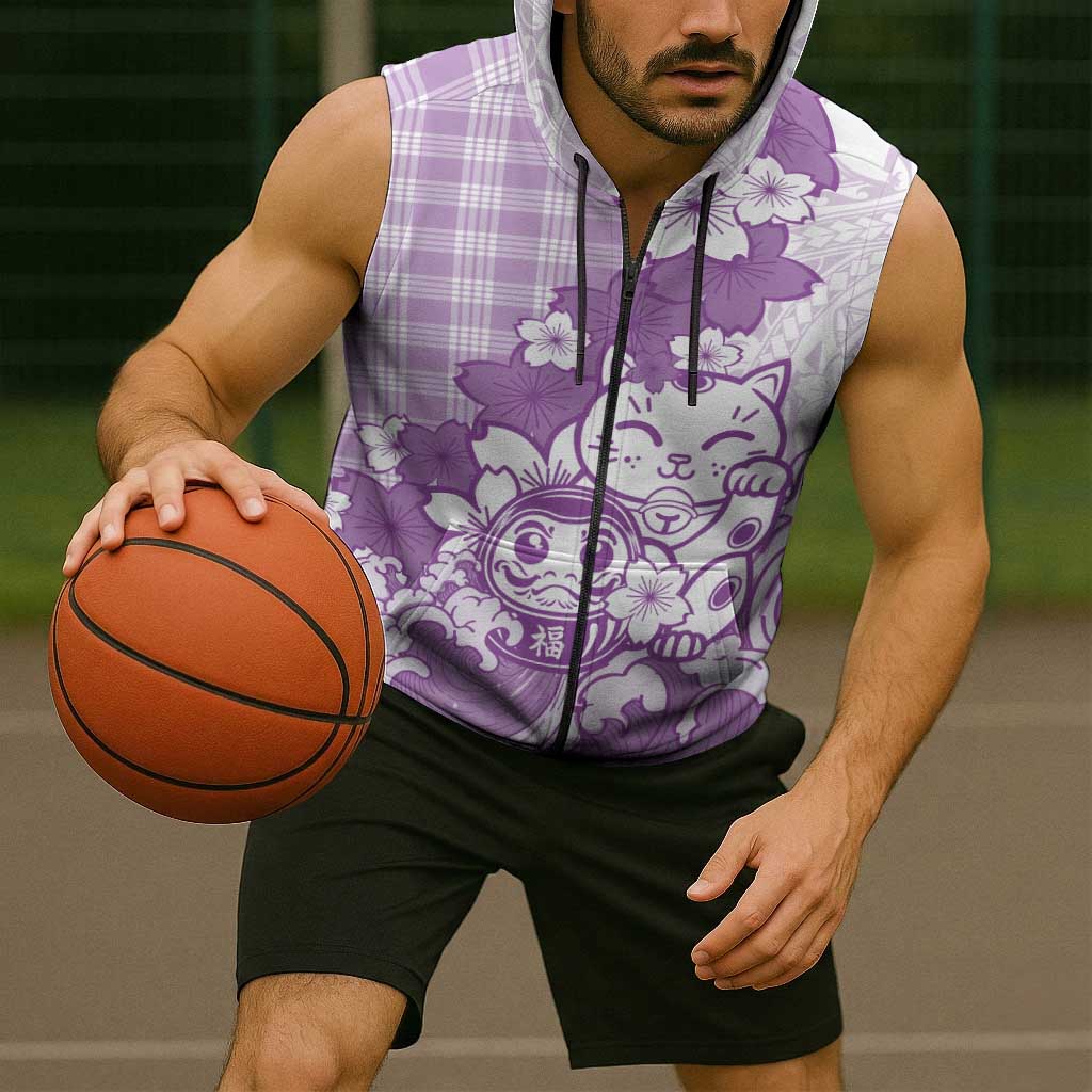 Purple Palaka Hawaiian And Japanese Sleeveless Zip Hoodie Maneki Neko And Sakura Bloom DT05 - Polynesian Pride