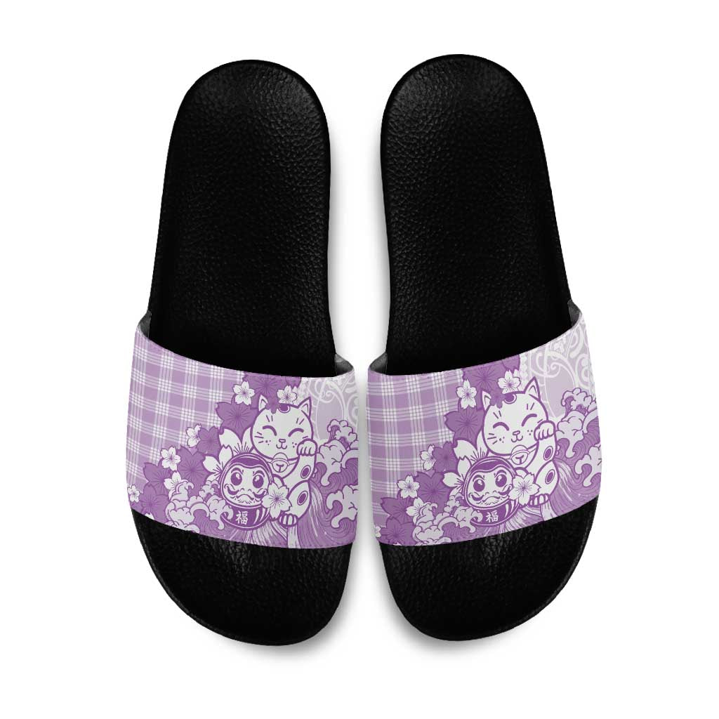 Purple Palaka Hawaiian And Japanese Slide Sandals Maneki Neko And Sakura Bloom