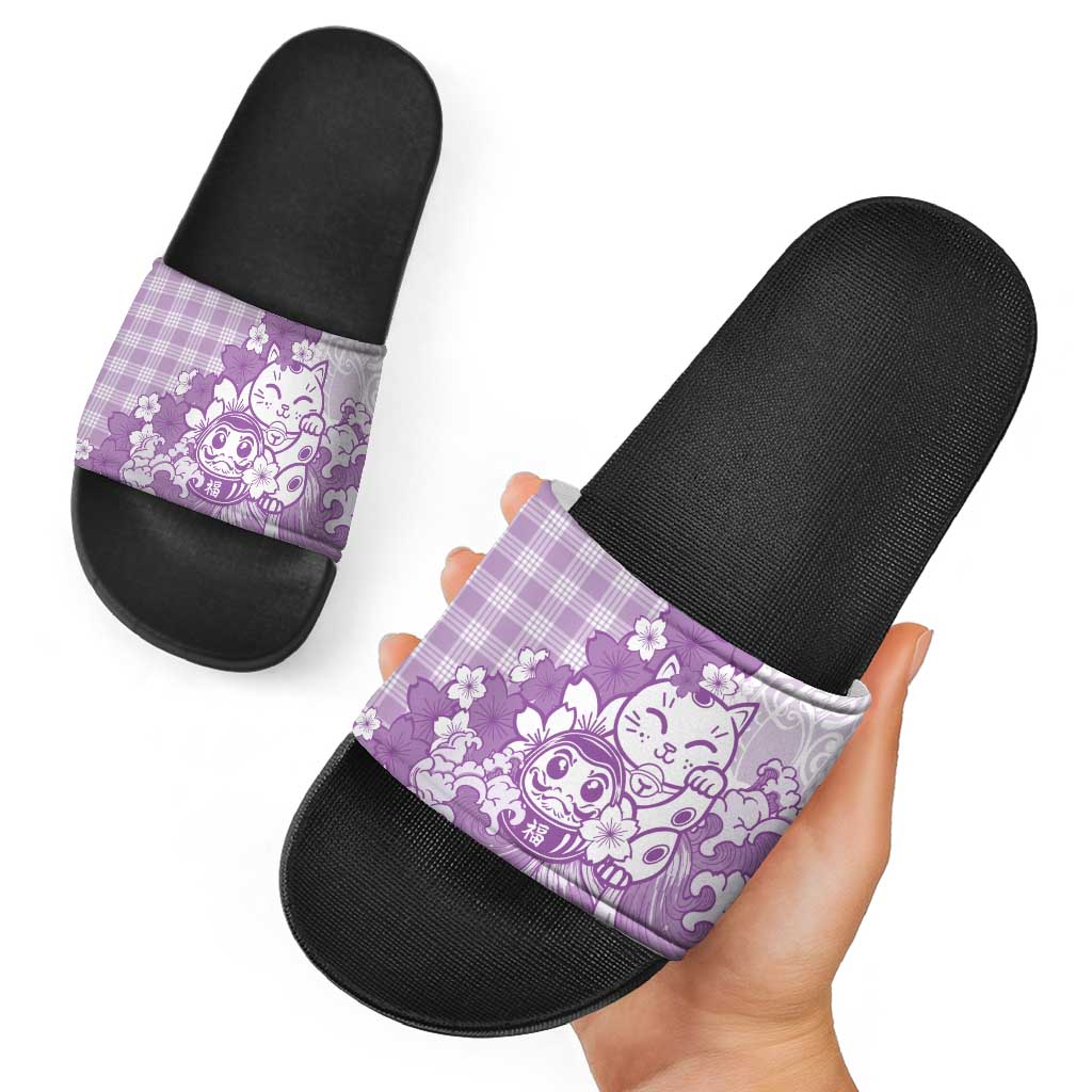 Purple Palaka Hawaiian And Japanese Slide Sandals Maneki Neko And Sakura Bloom
