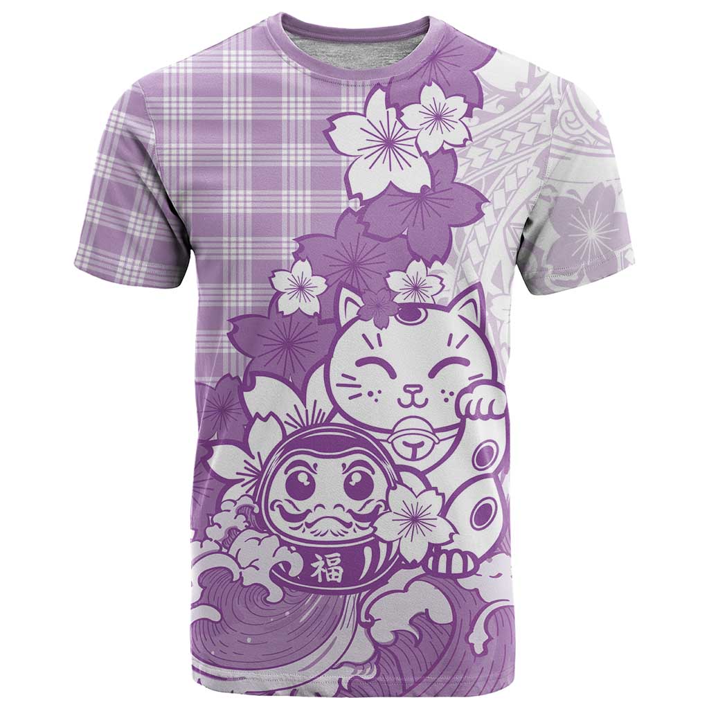 Purple Palaka Hawaiian And Japanese T Shirt Maneki Neko And Sakura Bloom