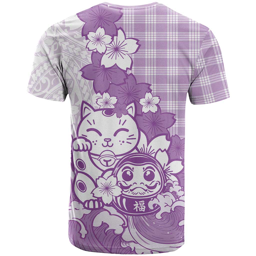 Purple Palaka Hawaiian And Japanese T Shirt Maneki Neko And Sakura Bloom