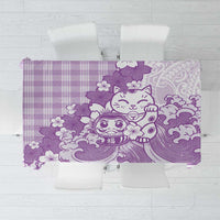 Purple Palaka Hawaiian And Japanese Tablecloth Maneki Neko And Sakura Bloom
