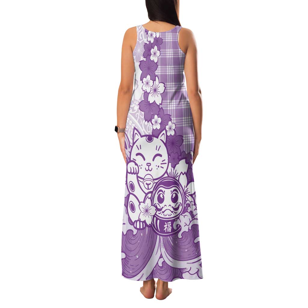 Purple Palaka Hawaiian And Japanese Tank Maxi Dress Maneki Neko And Sakura Bloom