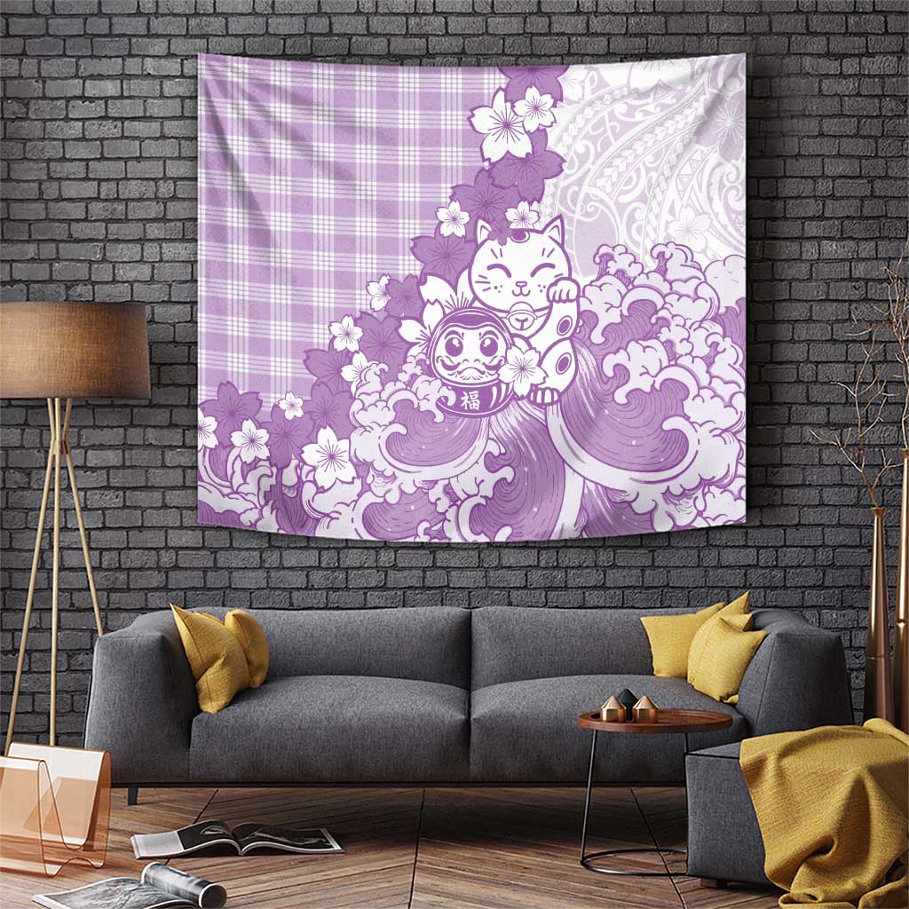Purple Palaka Hawaiian And Japanese Tapestry Maneki Neko And Sakura Bloom DT05 Purple - Polynesian Pride