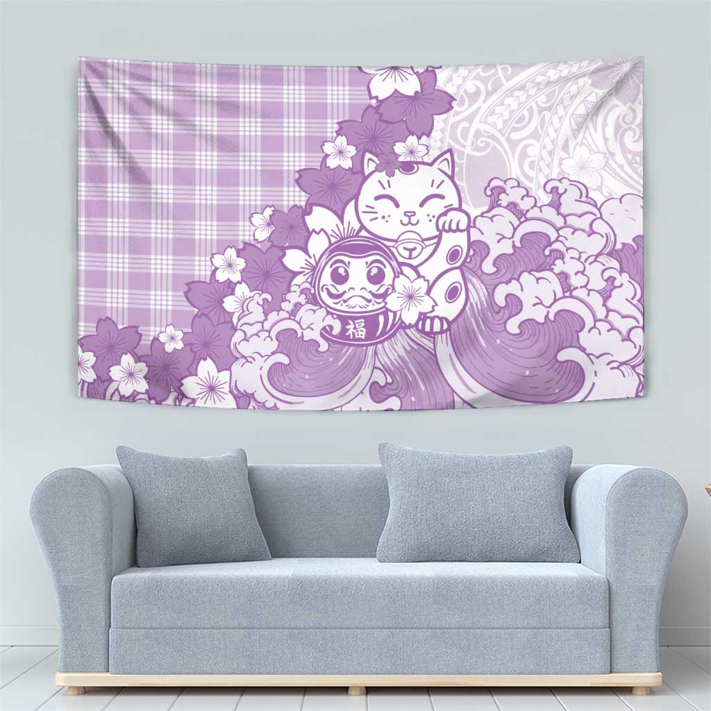 Purple Palaka Hawaiian And Japanese Tapestry Maneki Neko And Sakura Bloom DT05 - Polynesian Pride