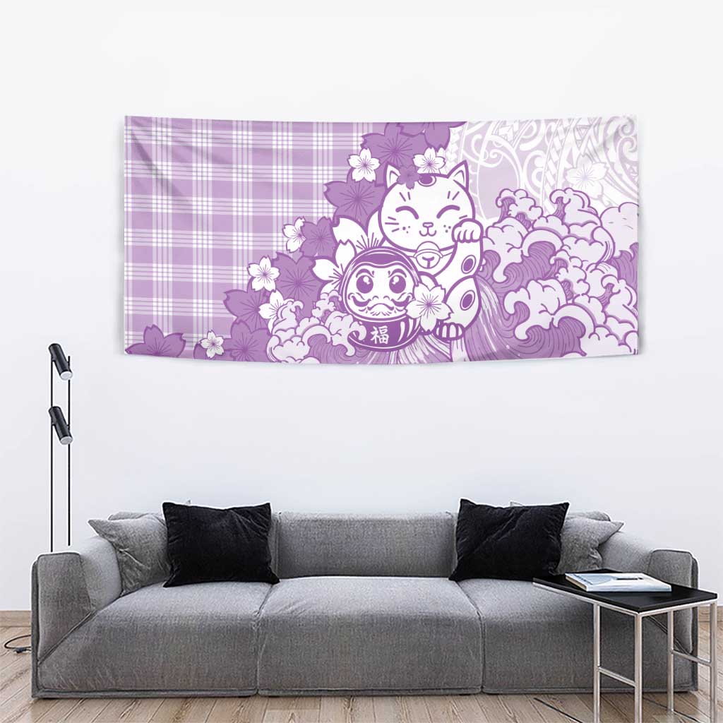 Purple Palaka Hawaiian And Japanese Tapestry Maneki Neko And Sakura Bloom DT05 - Polynesian Pride