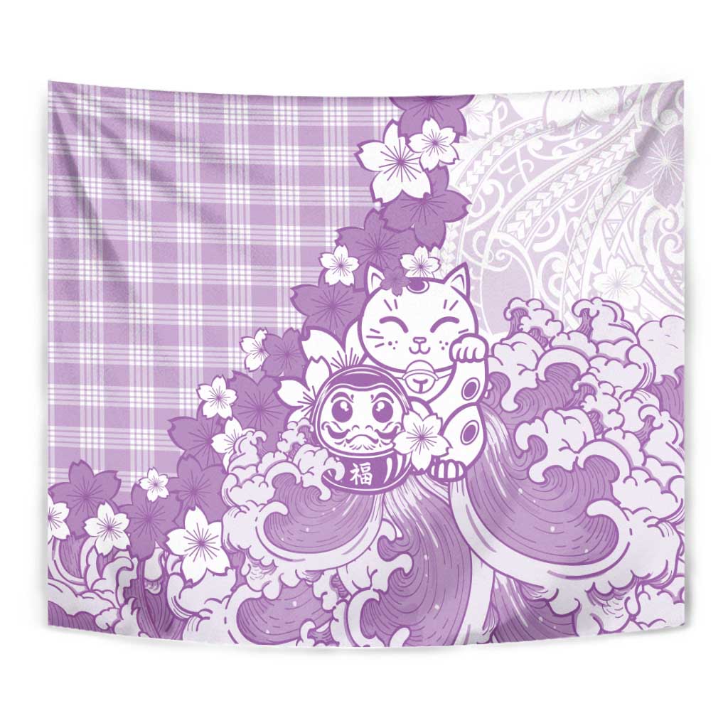 Purple Palaka Hawaiian And Japanese Tapestry Maneki Neko And Sakura Bloom DT05 - Polynesian Pride