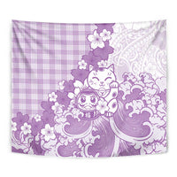 Purple Palaka Hawaiian And Japanese Tapestry Maneki Neko And Sakura Bloom DT05 - Polynesian Pride