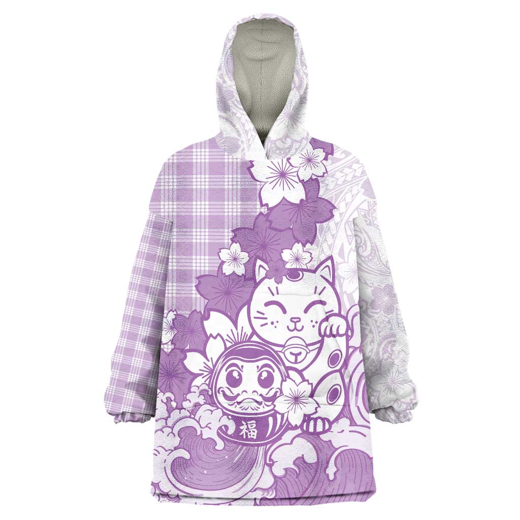 Purple Palaka Hawaiian And Japanese Wearable Blanket Hoodie Maneki Neko And Sakura Bloom