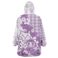 Purple Palaka Hawaiian And Japanese Wearable Blanket Hoodie Maneki Neko And Sakura Bloom