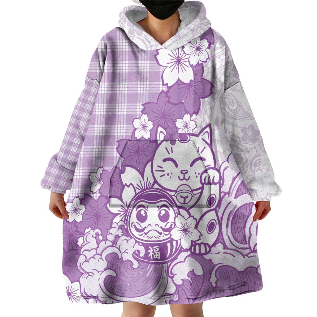 Purple Palaka Hawaiian And Japanese Wearable Blanket Hoodie Maneki Neko And Sakura Bloom