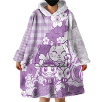 Purple Palaka Hawaiian And Japanese Wearable Blanket Hoodie Maneki Neko And Sakura Bloom