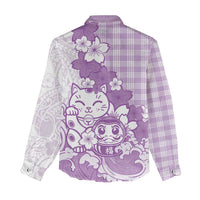 Purple Palaka Hawaiian And Japanese Women Casual Shirt Maneki Neko And Sakura Bloom DT05 - Polynesian Pride