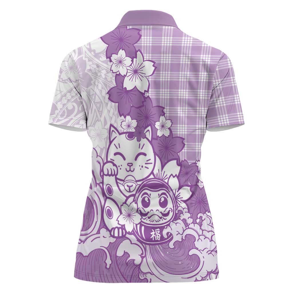 Purple Palaka Hawaiian And Japanese Women Polo Shirt Maneki Neko And Sakura Bloom DT05 - Polynesian Pride