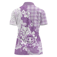 Purple Palaka Hawaiian And Japanese Women Polo Shirt Maneki Neko And Sakura Bloom DT05 - Polynesian Pride