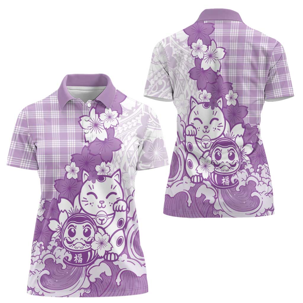 Purple Palaka Hawaiian And Japanese Women Polo Shirt Maneki Neko And Sakura Bloom DT05 - Polynesian Pride