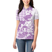 Purple Palaka Hawaiian And Japanese Women Polo Shirt Maneki Neko And Sakura Bloom DT05 - Polynesian Pride