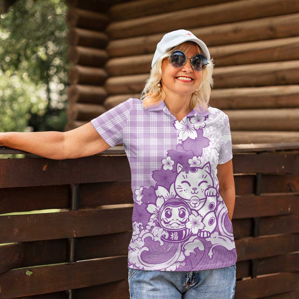 Purple Palaka Hawaiian And Japanese Women Polo Shirt Maneki Neko And Sakura Bloom DT05 - Polynesian Pride