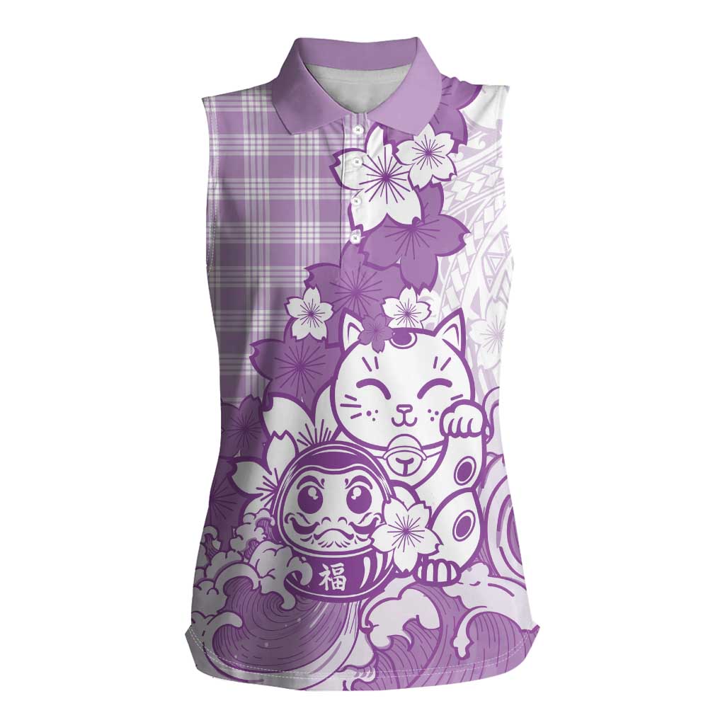 Purple Palaka Hawaiian And Japanese Women Sleeveless Polo Shirt Maneki Neko And Sakura Bloom DT05 Female Purple - Polynesian Pride