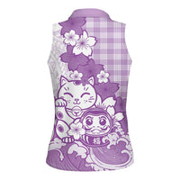Purple Palaka Hawaiian And Japanese Women Sleeveless Polo Shirt Maneki Neko And Sakura Bloom DT05 - Polynesian Pride