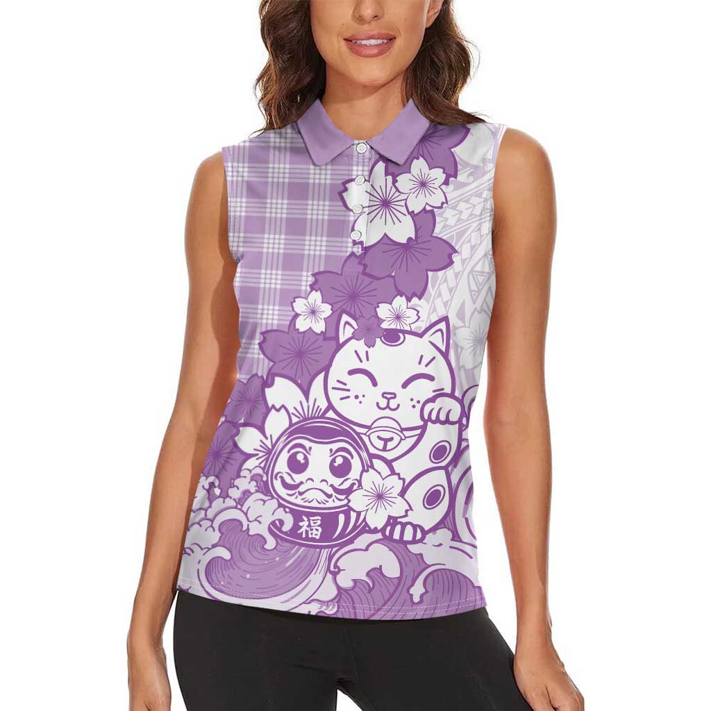 Purple Palaka Hawaiian And Japanese Women Sleeveless Polo Shirt Maneki Neko And Sakura Bloom DT05 - Polynesian Pride
