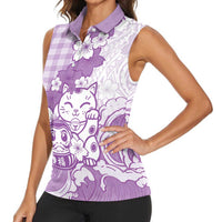 Purple Palaka Hawaiian And Japanese Women Sleeveless Polo Shirt Maneki Neko And Sakura Bloom DT05 - Polynesian Pride