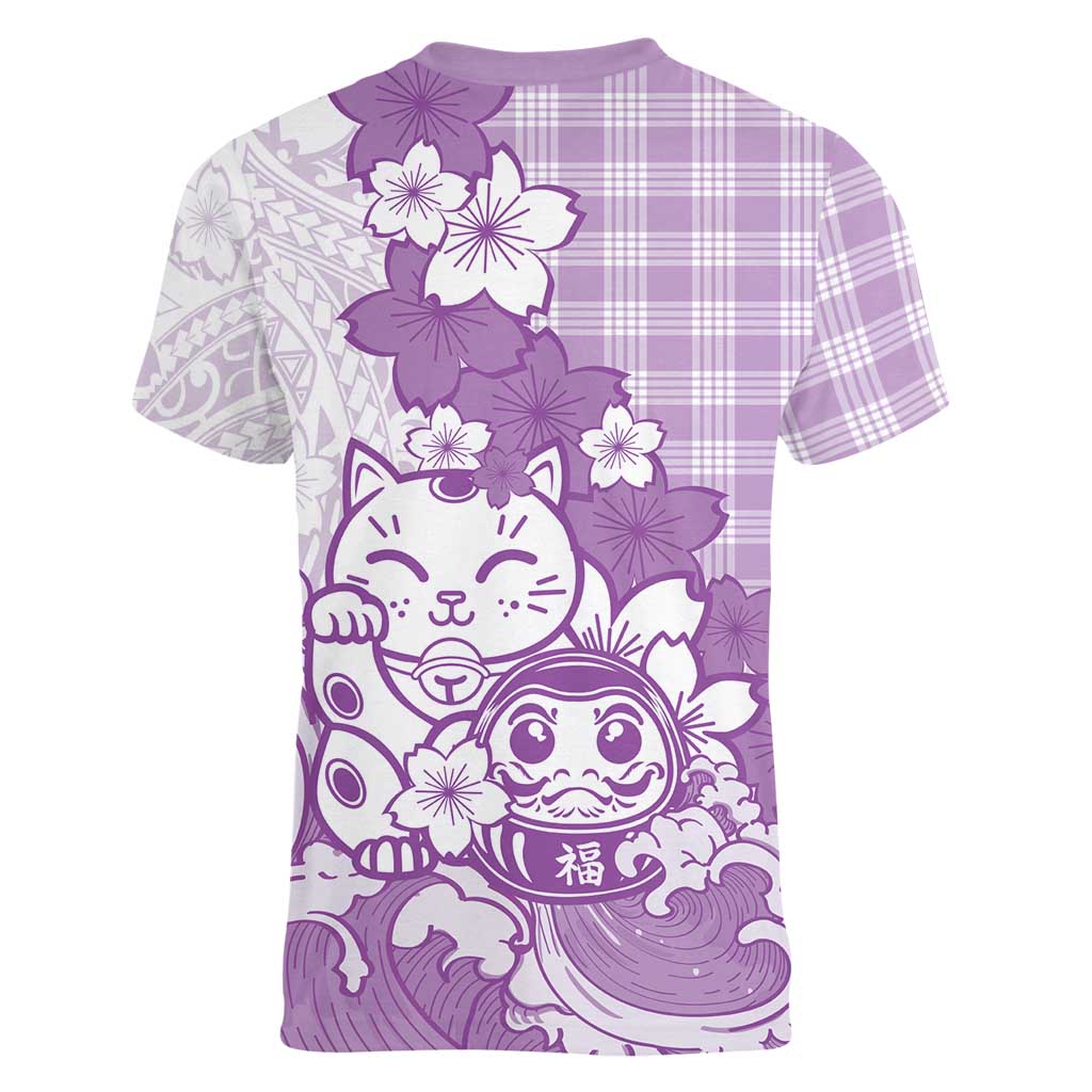 Purple Palaka Hawaiian And Japanese Women V-Neck T-Shirt Maneki Neko And Sakura Bloom