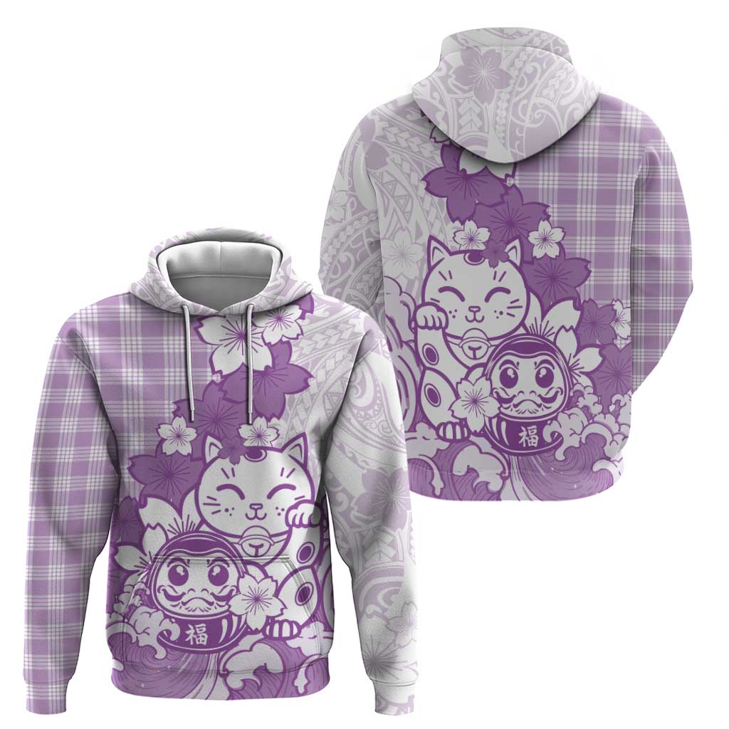Purple Palaka Hawaiian And Japanese Zip Hoodie Maneki Neko And Sakura Bloom