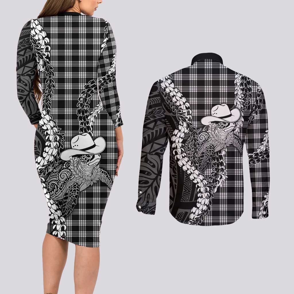 Black Hawaii Palaka Cowboy Turtle Couples Matching Long Sleeve Bodycon Dress and Long Sleeve Button Shirt Hawaiian Paniolo Puakenikeni Maile Lei
