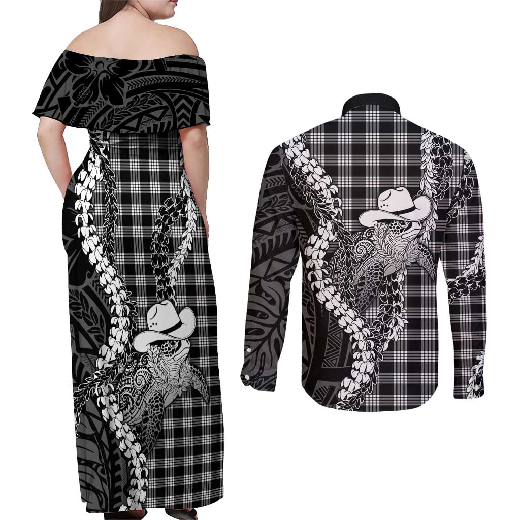 Black Hawaii Palaka Cowboy Turtle Couples Matching Off Shoulder Maxi Dress and Long Sleeve Button Shirt Hawaiian Paniolo Puakenikeni Maile Lei