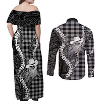 Black Hawaii Palaka Cowboy Turtle Couples Matching Off Shoulder Maxi Dress and Long Sleeve Button Shirt Hawaiian Paniolo Puakenikeni Maile Lei