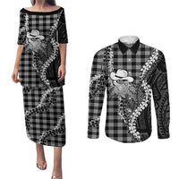 Black Hawaii Palaka Cowboy Turtle Couples Matching Puletasi and Long Sleeve Button Shirt Hawaiian Paniolo Puakenikeni Maile Lei DT05 Black - Polynesian Pride