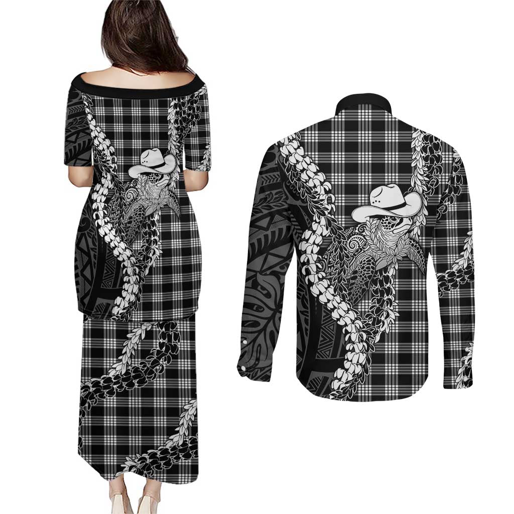Black Hawaii Palaka Cowboy Turtle Couples Matching Puletasi and Long Sleeve Button Shirt Hawaiian Paniolo Puakenikeni Maile Lei DT05 - Polynesian Pride