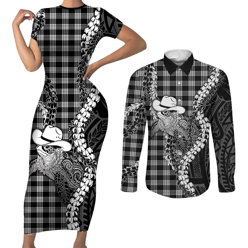 Black Hawaii Palaka Cowboy Turtle Couples Matching Short Sleeve Bodycon Dress and Long Sleeve Button Shirt Hawaiian Paniolo Puakenikeni Maile Lei
